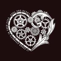 coeur décoré d'engrenages, de rivets et d'éléments victoriens de style steampunk. inscription sur le thème de l'amour. emblème blanc sur fond sombre. vecteur