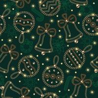 modèle sans couture avec boules de noël, cloches, poinsettia, branche d'épinette de chaînes de bijoux en or, perles de boule brillantes. icône de contour de noël, petites étoiles, scintille sur fond vert
