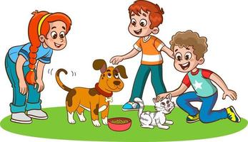 heureux mignons petits enfants jouent avec l'illustration vectorielle de chat et de chien vecteur