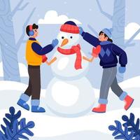 concept d'activités de plein air d'hiver avec un couple faire un bonhomme de neige vecteur