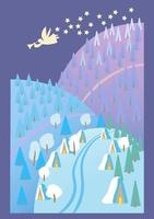 carte de noël, paysage d'hiver nocturne avec ange vecteur