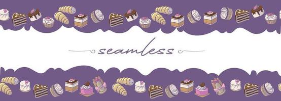 motif de bordure horizontale avec des tranches de gâteau et de tarte. fond avec des bonbons de boulangerie. vecteur
