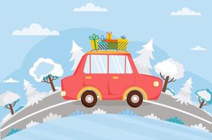 une voiture rouge avec des cadeaux de noël roule sur la route. fond d'hiver avec auto, route, arbres, sapins. noël, nouvel an, vacances d'hiver. illustration vectorielle en style plat. vecteur