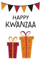 carte de voeux heureuse kwanzaa avec pile de boîte-cadeau, banderole de drapeau. jolie affiche verticale simple pour les vacances de célébration du kwanzaa afro-américain. vecteur