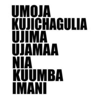 sept principes du texte de lettrage vectoriel kwanzaa. t-shirt, affiche imprimée. traduction swahili - unité, autodétermination, responsabilité collective, économie coopérative, but, créativité