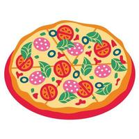 pizza au pepperoni avec salami, tomates et basilic. illustration vectorielle de nourriture pour livraison ou recettes vecteur