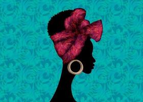 portrait femme africaine porte un bandana pour les coiffures bouclées. shenbolen ankara head wrap femmes. turban d'écharpe de tête traditionnelle afro dans la texture de conception de tissu de fleurs tribales. vecteur isolé