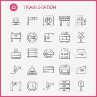 station de train icônes dessinées à la main définies pour l'infographie le kit uxui mobile et la conception d'impression comprennent l'entrée de la gare de métro train de chemin de fer signe de chemin de fer jeu d'icônes vecteur