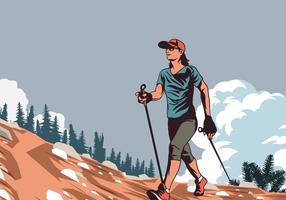 Nordic Walking Woman In Nature Vector