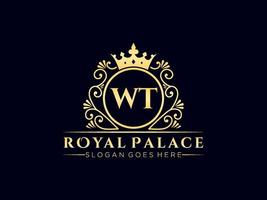 lettre wt logo victorien de luxe royal antique avec cadre ornemental. vecteur