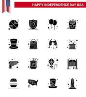joyeux jour de l'indépendance 4 juillet ensemble de 16 glyphes solides pictogramme américain de chapeau magique célébrer la nourriture américaine éléments de conception vectoriels modifiables de la journée des états-unis vecteur