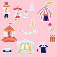 collection de stickers cirque rose. tente, pitre, poupée, éléphant, guirlande, carrousel, lièvre vecteur