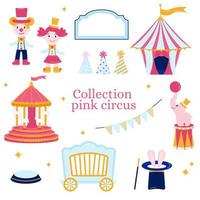 collection d'éléments cirque rose. tente, pitre, poupée, éléphant, guirlande, carrousel, lièvre