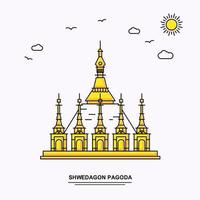 modèle d'affiche de monument de la pagode shwedagon monde voyage jaune illustration fond dans le style de ligne avec la scène de la nature de beauté vecteur