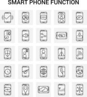 25 fonctions de téléphone intelligent dessinés à la main jeu d'icônes vecteur fond gris doodle
