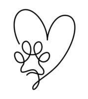 coeur avec patte de chat ou de chien dans un logo de dessin continu d'une ligne. dessin au trait minimal. empreinte animale dans le coeur. concept d'amour pour animaux de compagnie vecteur