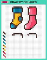 copier l'image, dessiner par carrés. jeu pour enfants dessiner des chaussettes par cellules avec palette de couleurs. Pixel art. formation en dessin et en logique. vecteur