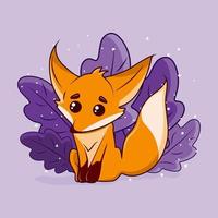 illustration avec renard de dessin animé mignon et feuilles sur fond violet. illustration vectorielle vecteur