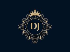 lettre dj logo victorien de luxe royal antique avec cadre ornemental. vecteur