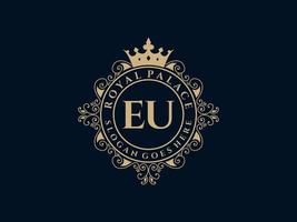 lettre eu logo victorien de luxe royal antique avec cadre ornemental. vecteur