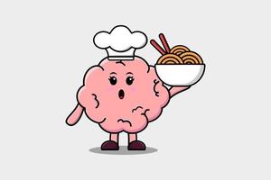 chef de cerveau de dessin animé mignon tenant des nouilles dans un bol vecteur