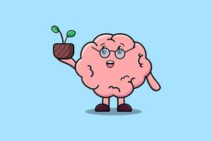 cerveau de dessin animé mignon tenant une plante dans un pot vecteur