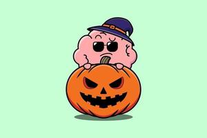 dessin animé mignon de cerveau se cachant dans la citrouille halloween vecteur