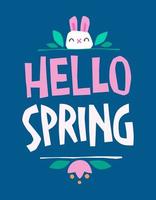 bonjour printemps, concept de lettrage créatif découpé simple. conception de typographie moderne colorée avec lapin de pâques, illustrations florales. vecteur