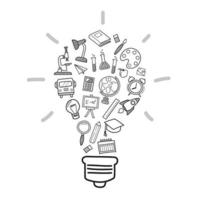 icônes de l'éducation dans le style de doodle de forme d'ampoule vecteur