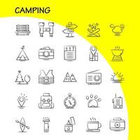 camping icônes dessinées à la main définies pour l'infographie le kit uxui mobile et la conception d'impression incluent nuage soleil temps thé tasse café boîte chaude icône ensemble vecteur