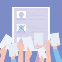 liste des candidats avec un sélectionné, mains avec bulletins de vote