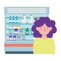 femme et réfrigérateur avec des produits vecteur