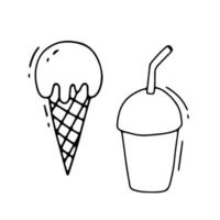 icônes de contour vectoriel noir et blanc doodle dessinés à la main. glace et café