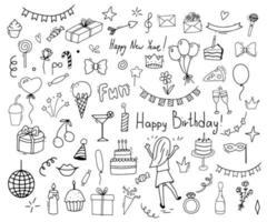 clipart de célébration grand ensemble. clipart de doodle de temps de fête. icônes de ligne dessinées à la main pour le nouvel an ou l'anniversaire. aperçu de la collection drôle vecteur