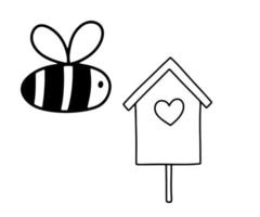 abeille et nichoir pour coloriage. illustration de vecteur simple mignon isolé sur blanc. image de contour noir et blanc