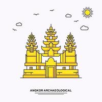 modèle d'affiche de monument archéologique d'angkor voyage dans le monde fond d'illustration jaune dans le style de ligne avec scène de beauté nature vecteur