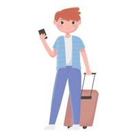 jeune homme voyageur avec smartphone et valise