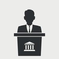 homme en costume sur la silhouette du glyphe du podium. discours du leader en tribune, présentation, interaction. campagne gouvernementale, politique ou universitaire. illustration vectorielle vecteur