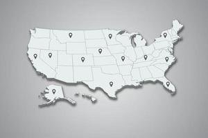 carte des états-unis 3d avec illustration de broche de carte sur fond isolé vecteur