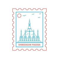 timbre-poste de la pagode shwedagon illustration vectorielle de style ligne bleue et rouge vecteur