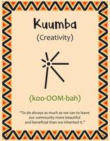 une carte avec l'un des principes du kwanzaa. symbole kuumba signifie créativité en swahili. affiche avec signe et description. motif ethnique africain aux couleurs traditionnelles. illustration vectorielle vecteur