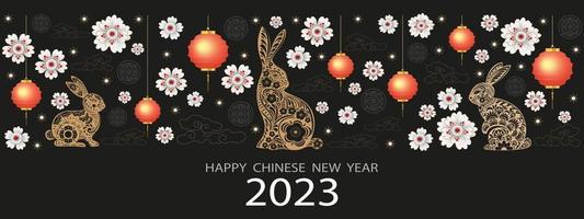 joyeux nouvel an chinois 2023, signe du zodiaque lapin sur fond noir. éléments asiatiques avec style de coupe de papier de lapin artisanal. bannière de luxe de vecteur pour la célébration de l'année du lapin