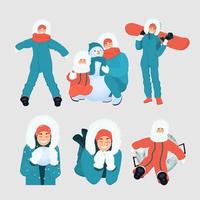 les gens passent du temps dans la rue en hiver. animations hivernales. une femme dans une combinaison bleue avec un snowboard et de la neige. vecteur