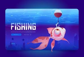 page de destination de dessin animé de pêche, poisson regardant sur le crochet vecteur
