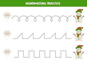 tracer des lignes pour les enfants. jolis nuages et bonhommes de neige. pratique de l'écriture. vecteur