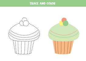 tracer et colorier le cupcake de dessin animé. feuille de travail pour les enfants. vecteur