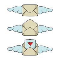 un ensemble d'icônes colorées, une simple enveloppe vintage beige avec des ailes et des coeurs, une déclaration d'amour, une illustration vectorielle en style cartoon vecteur