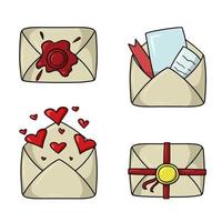 un ensemble d'icônes colorées, une enveloppe vintage romantique avec de la cire à cacheter et des rubans, une illustration vectorielle en style cartoon sur fond blanc vecteur