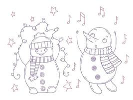 ensemble de bonhommes de neige mignons sur fond blanc. illustration vectorielle dans un style doodle. humeur d'hiver. bonjour 2023. joyeux noël et bonne année. vecteur