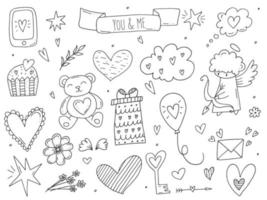 grand ensemble d'éléments de doodle mignons dessinés à la main sur l'amour. autocollants de message pour les applications. icônes pour la saint valentin, les événements romantiques et le mariage. vecteur